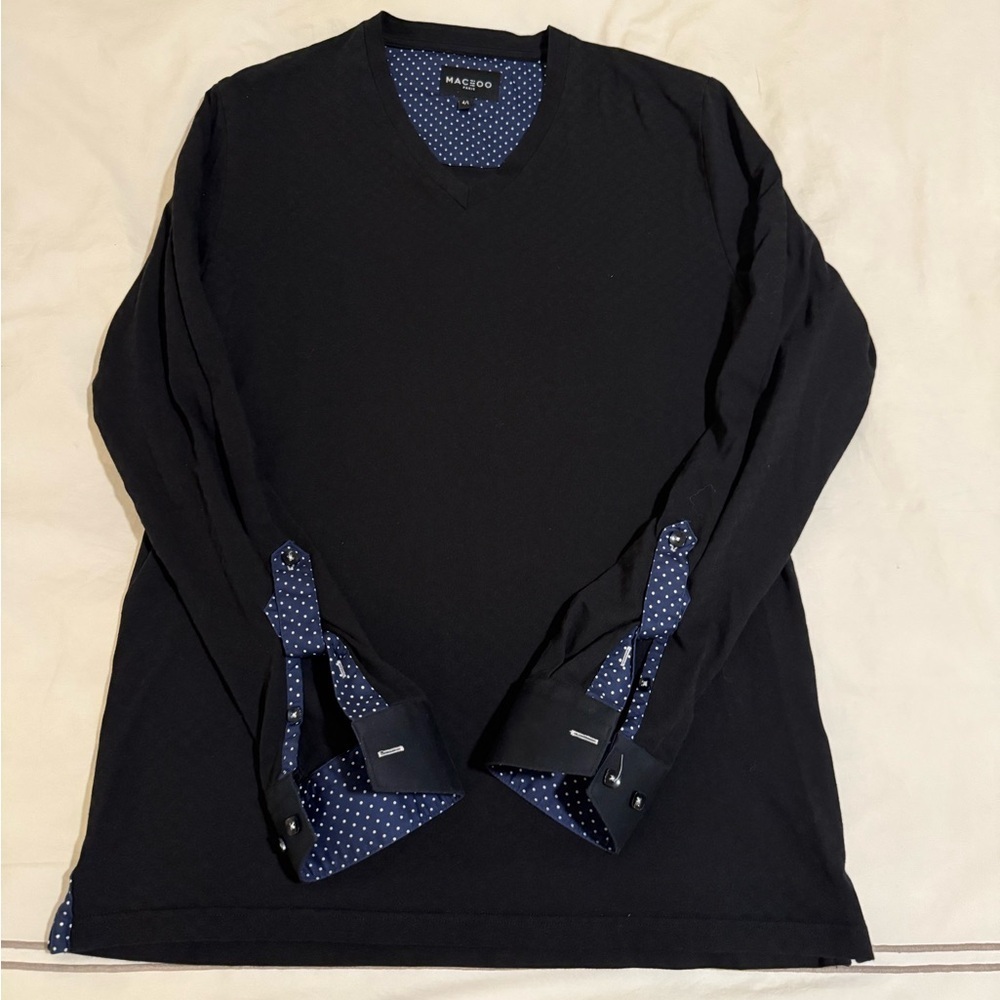 Maceoo Long Sleeve V-Neck Shirt- Jacquard Square Black